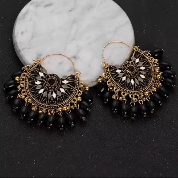 Ethnic Gypsy Black Gold Earrings - Picture 3 of 5